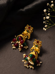 Gold Plated Artificial Stone Studded & Beaded Dome Shaped Jhumkas