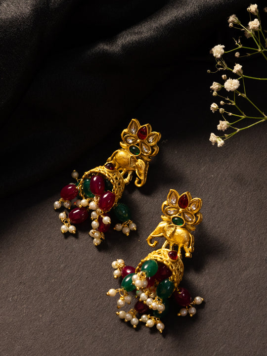 Gold Plated Artificial Stone Studded & Beaded Dome Shaped Jhumkas