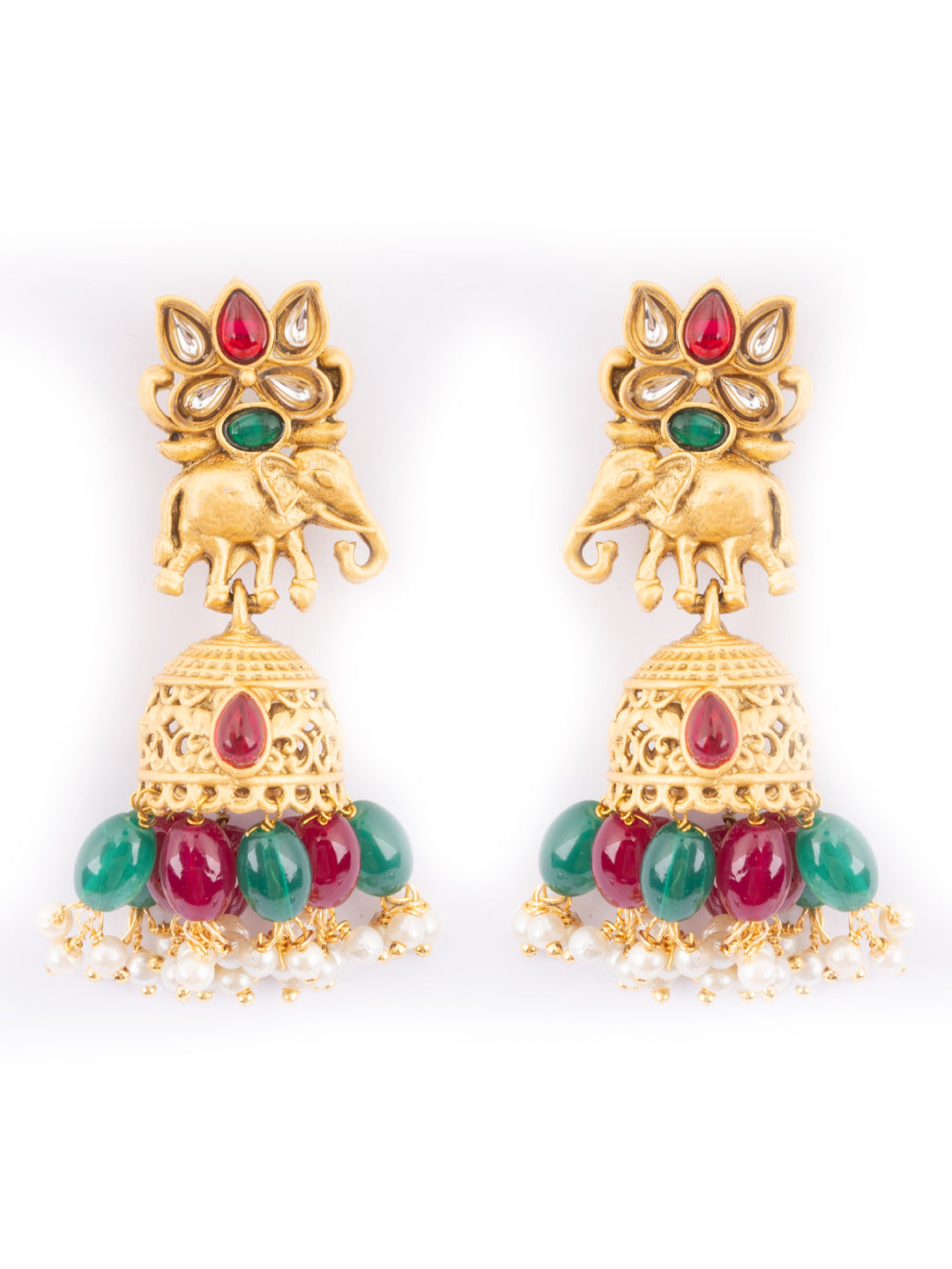 Gold Plated Artificial Stone Studded & Beaded Dome Shaped Jhumkas