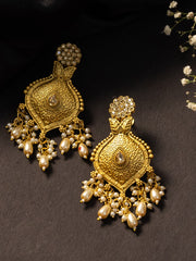 Gold-Plated Artificial Stones Studded & Beaded Floral Shaped Drop Earrings