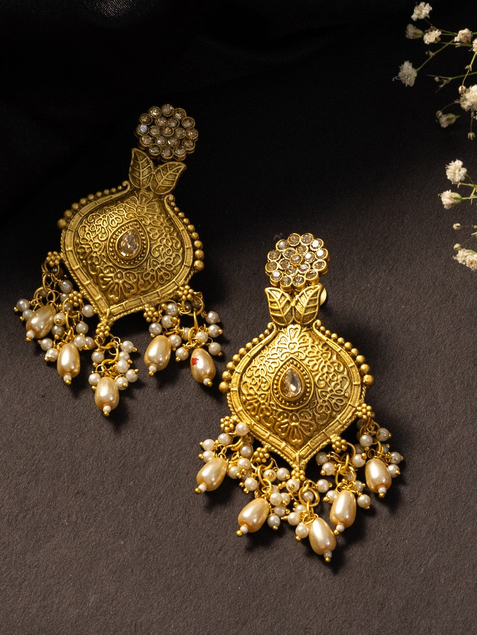 Gold-Plated Artificial Stones Studded & Beaded Floral Shaped Drop Earrings