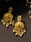 Gold-Plated Artificial Stones Studded & Beaded Floral Shaped Drop Earrings