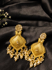 Gold-Plated Artificial Stones Studded & Beaded Floral Shaped Drop Earrings
