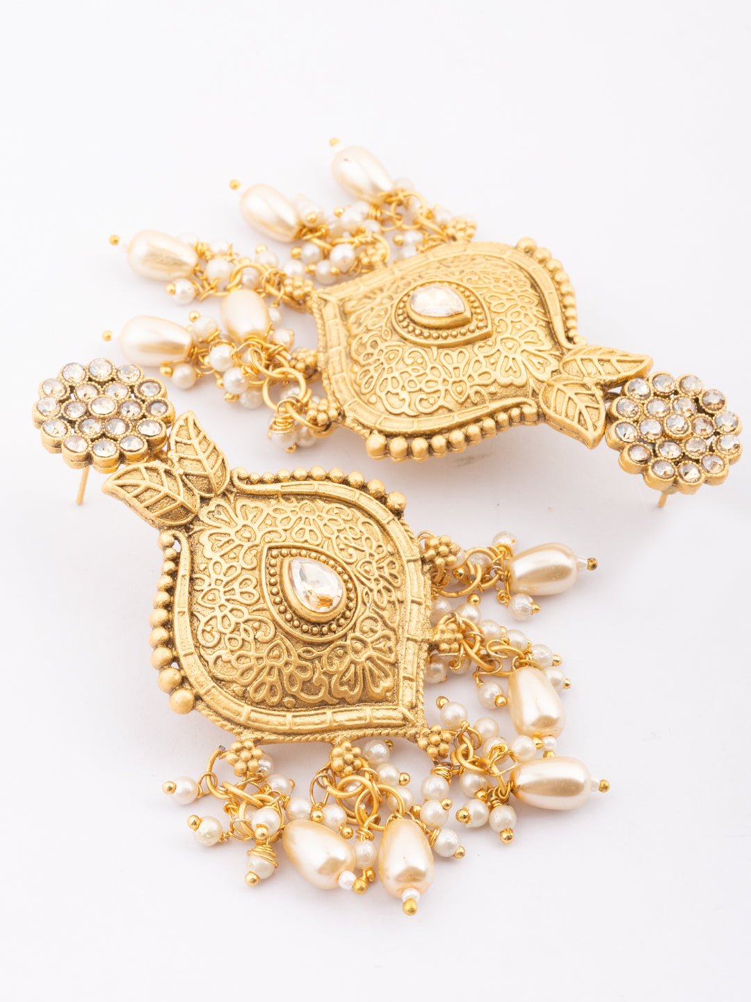 Gold-Plated Artificial Stones Studded & Beaded Floral Shaped Drop Earrings