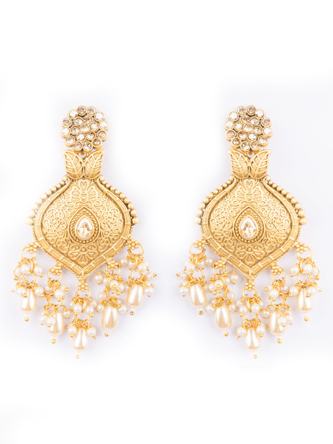 Gold-Plated Artificial Stones Studded & Beaded Floral Shaped Drop Earrings