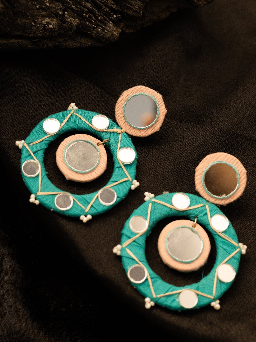 Silver-Plated Artificial Beaded & Mirror Circular Drop Earrings