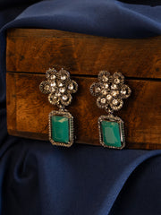 Silver-Plated American Diamond Studded Floral Shaped Drop Earrings