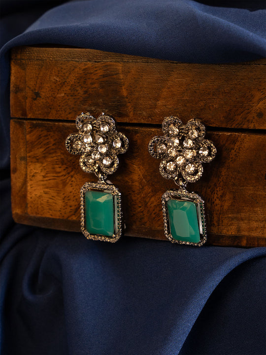Silver-Plated American Diamond Studded Floral Shaped Drop Earrings