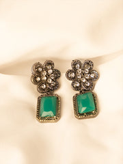 Silver-Plated American Diamond Studded Floral Shaped Drop Earrings