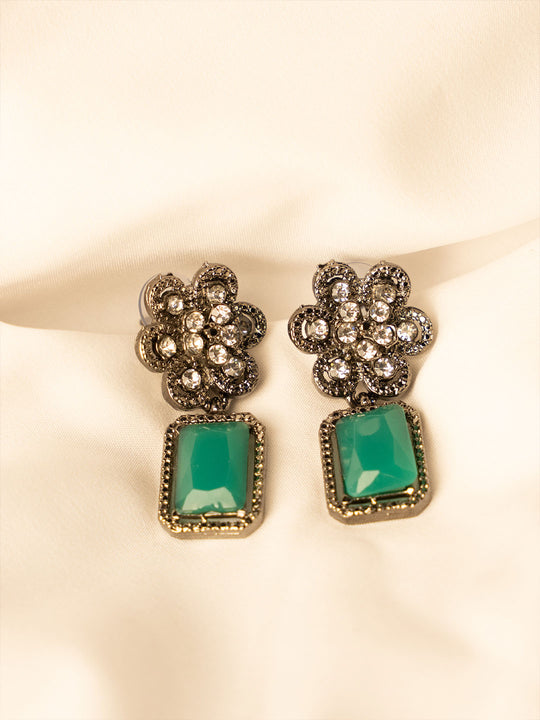 Silver-Plated American Diamond Studded Floral Shaped Drop Earrings