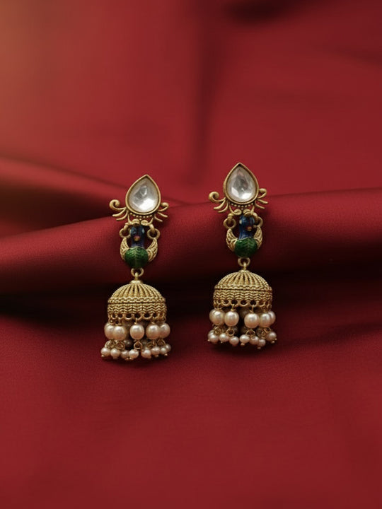 Gold-Plated Artificial Stones Studded And Pearls Beaded Dome Shaped Jhumkas