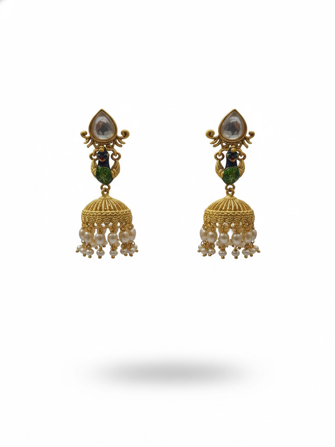 Gold-Plated Artificial Stones Studded And Pearls Beaded Dome Shaped Jhumkas
