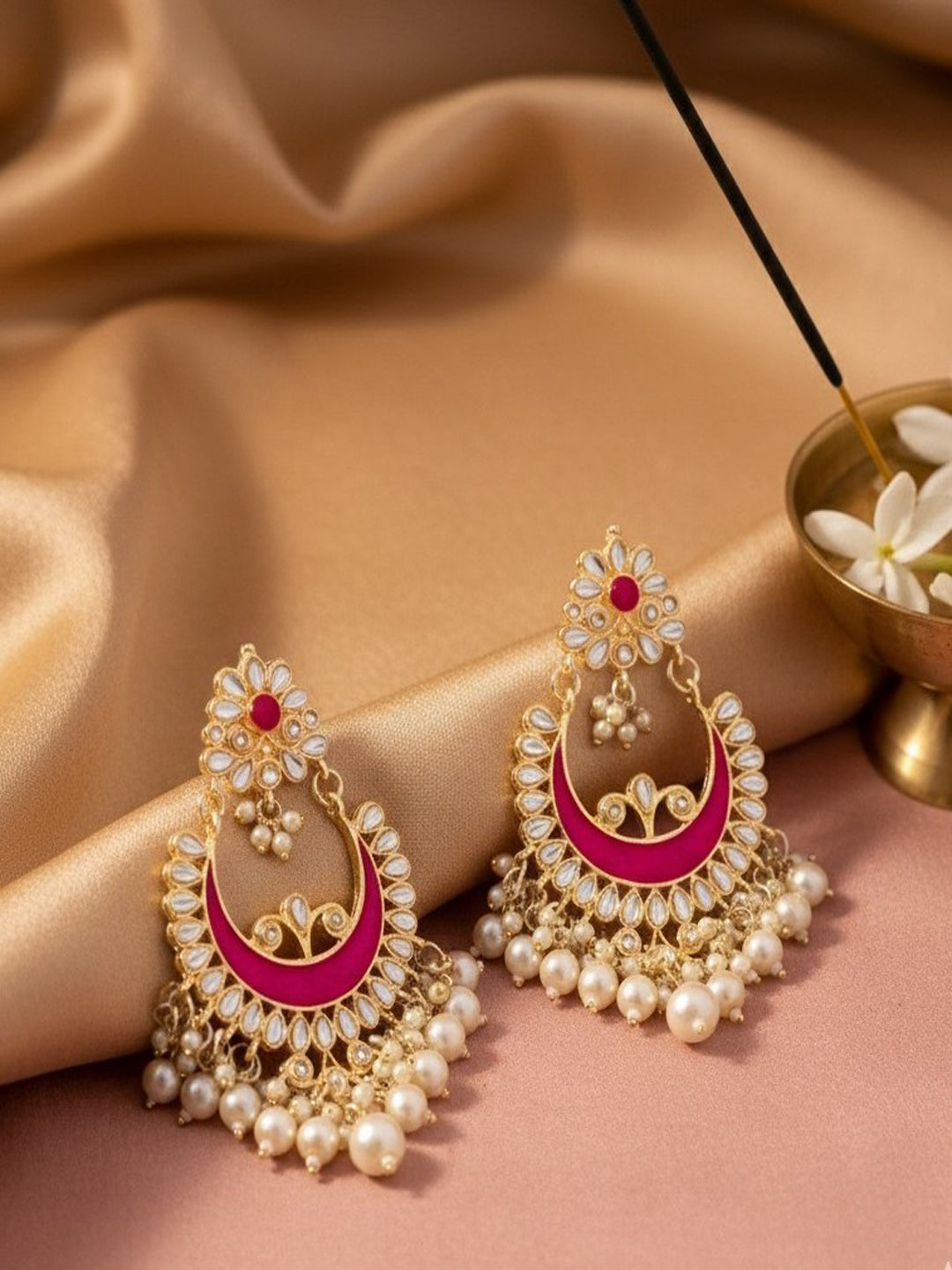 Gold Plated Artificial Stones Studded & Beaded Crescent Shaped Chandbalis