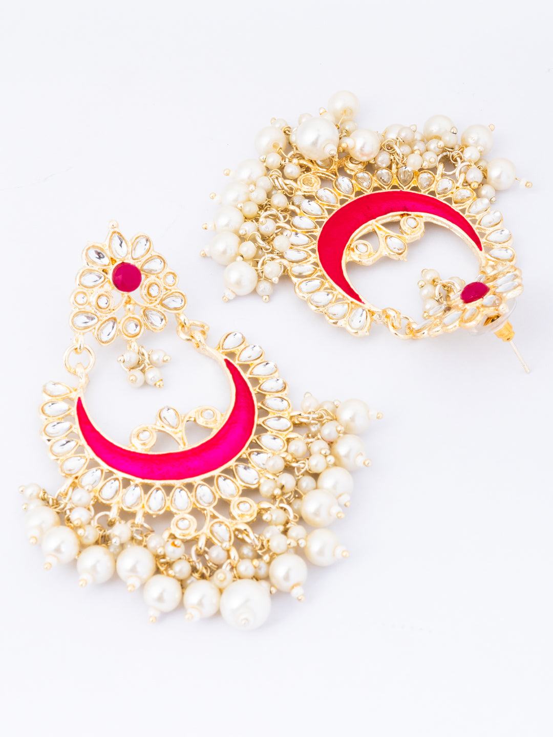 Gold Plated Artificial Stones Studded & Beaded Crescent Shaped Chandbalis