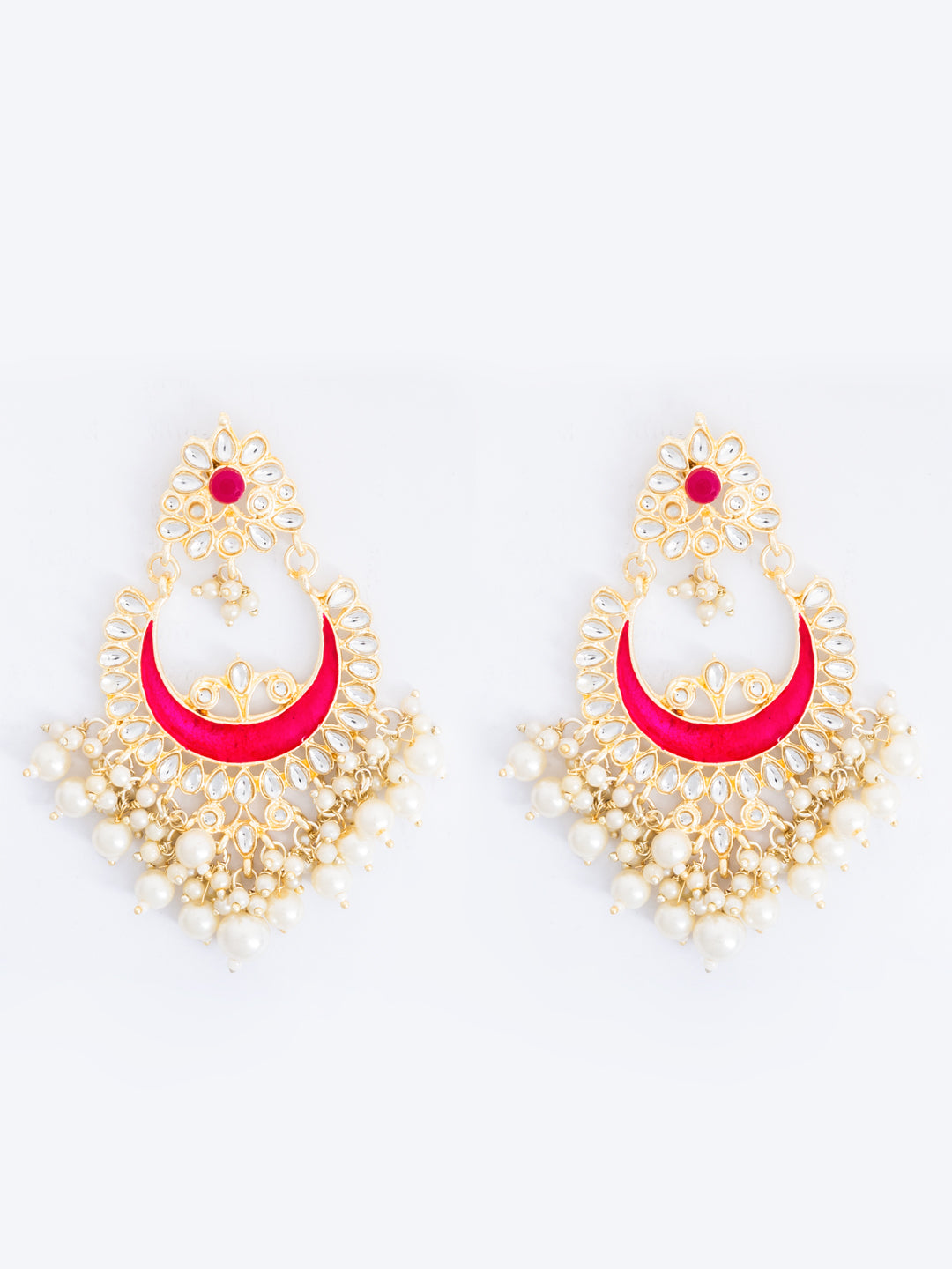Gold Plated Artificial Stones Studded & Beaded Crescent Shaped Chandbalis