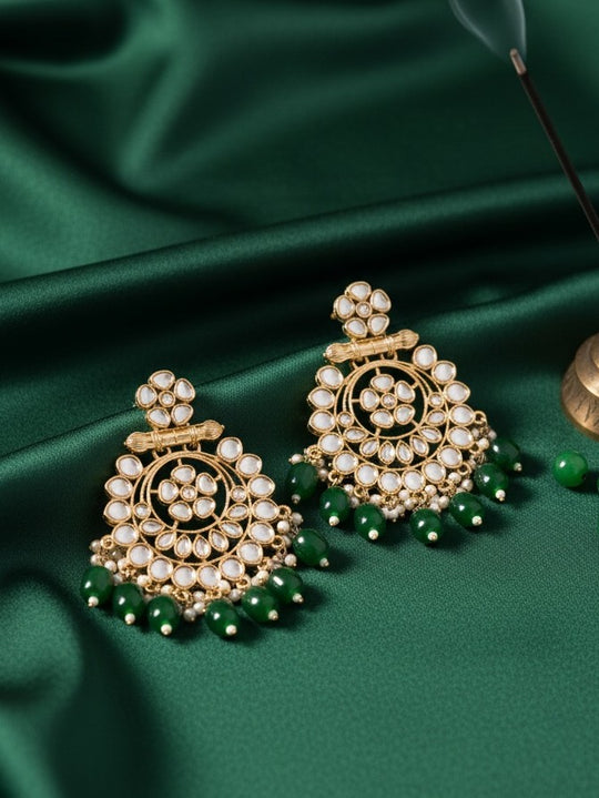 Gold Plated Artificial Stones Studded And Beaded Circular Shaped Drop Earrings