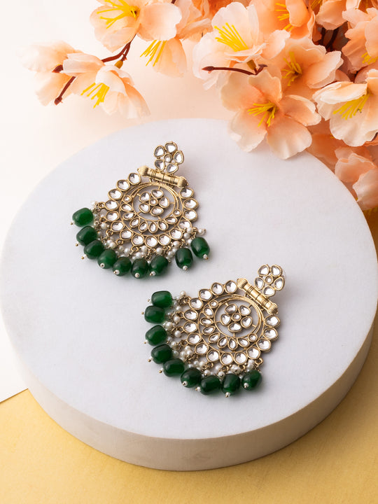 Gold Plated Artificial Stones Studded And Beaded Circular Shaped Drop Earrings
