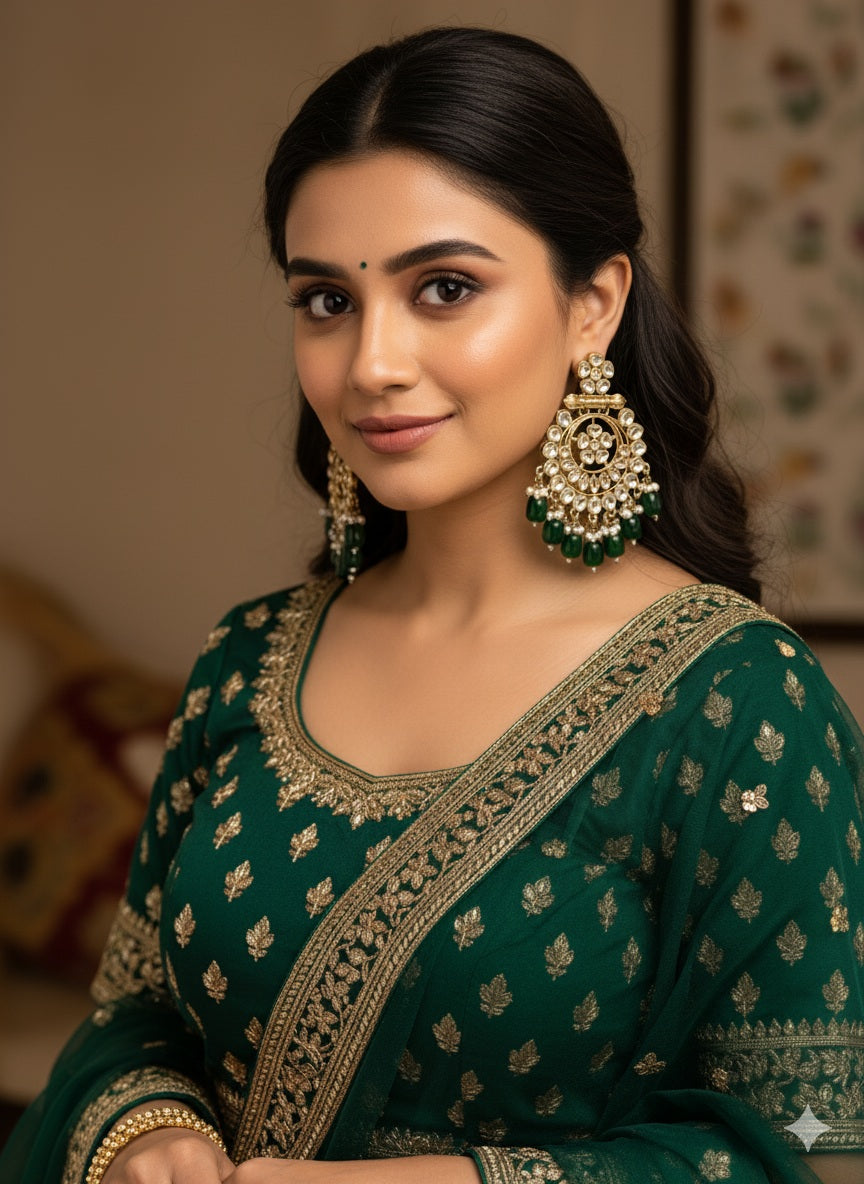 Gold Plated Artificial Stones Studded And Beaded Circular Shaped Drop Earrings