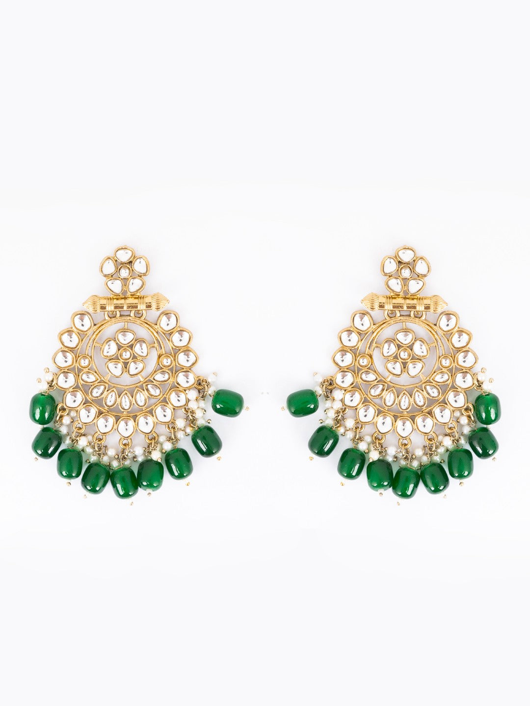 Gold Plated Artificial Stones Studded And Beaded Circular Shaped Drop Earrings