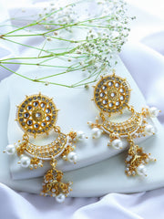 Gold-Plated Classic Kundan & Pearl Studded Drop Earrings