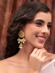 Gold-Plated Classic Kundan & Pearl Studded Drop Earrings