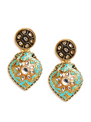 Turquoise blue & Gold-Plated Kundan Meenakari Contemporary Drop Earrings