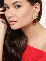 Red Gold-Plated Stone-Studded Hand-Painted Drop Earrings