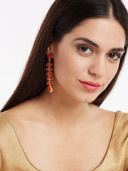 Gold-Plated & Red Teardrop-Shaped Drop Earrings