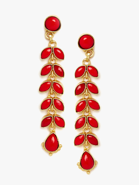 Gold-Plated & Red Teardrop-Shaped Drop Earrings