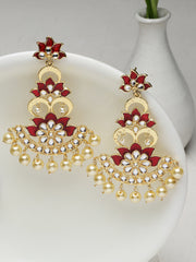 Red & Off-White Gold-Plated Handcrafted Floral Drop Earrings