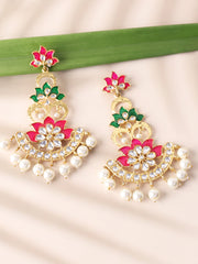 Pink & Green Gold-Plated Handcrafted Floral Drop Earrings