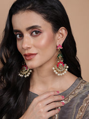 Pink & Green Gold-Plated Handcrafted Floral Drop Earrings