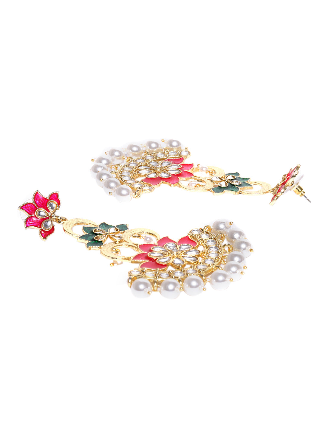 Pink & Green Gold-Plated Handcrafted Floral Drop Earrings