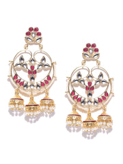 Pink & Off-White Gold-Plated Handcrafted Crescent-Shaped Chandbalis