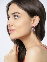 Silver-Toned & Magenta Cubic Zirconia Handcrafted Contemporary Drop Earrings