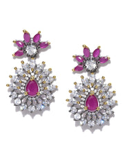 Silver-Toned & Magenta Cubic Zirconia Handcrafted Contemporary Drop Earrings