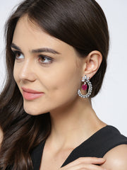 Gunmetal-Toned & Pink Handcrafted CZ Stone-Studded Drop Earrings