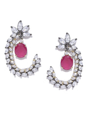 Gunmetal-Toned & Pink Handcrafted CZ Stone-Studded Drop Earrings