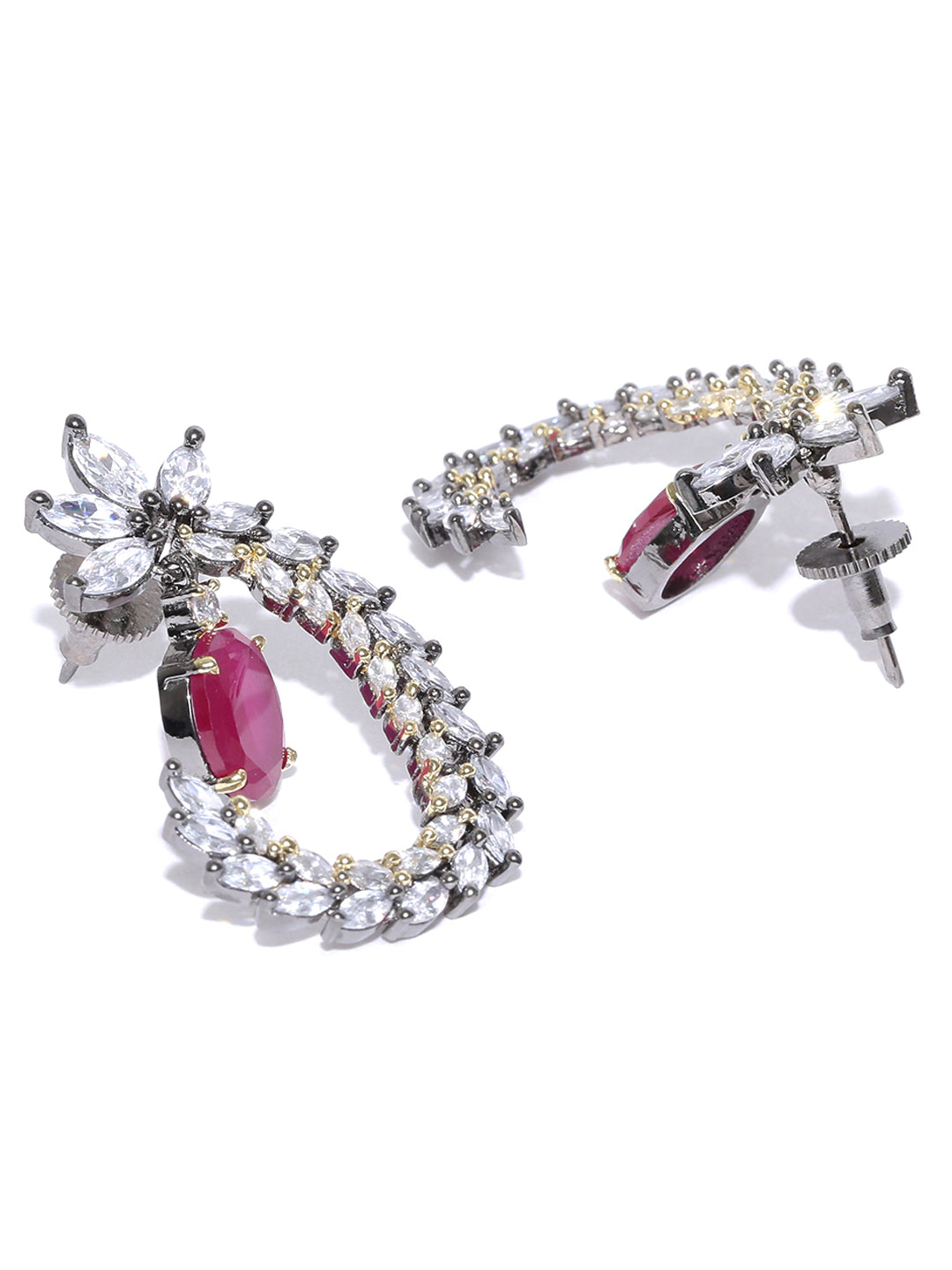 Gunmetal-Toned & Pink Handcrafted CZ Stone-Studded Drop Earrings