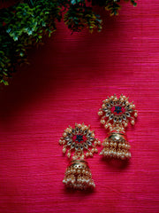 Pink & Off-White Gold-Plated Handcrafted Dome-Shaped Jhumkas