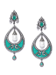 Silver-Toned Rhodium-Plated & Green Teardrop Shaped Drop Earrings