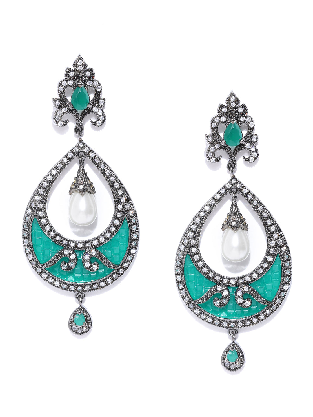 Silver-Toned Rhodium-Plated & Green Teardrop Shaped Drop Earrings