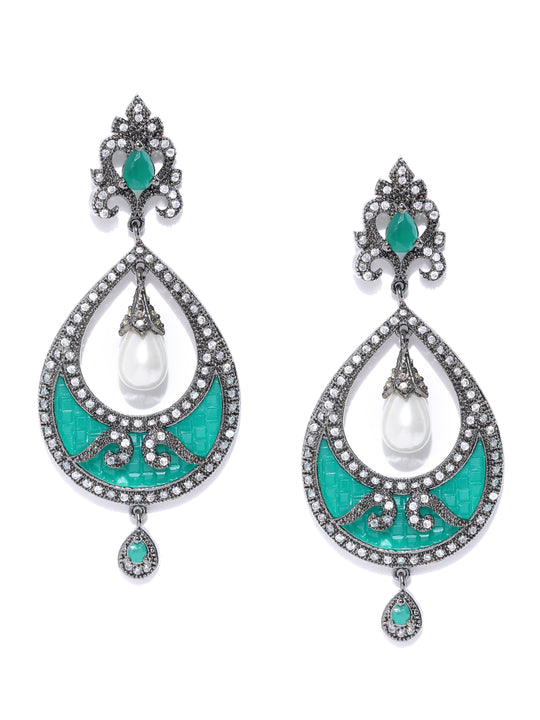 Silver-Toned Rhodium-Plated & Green Teardrop Shaped Drop Earrings
