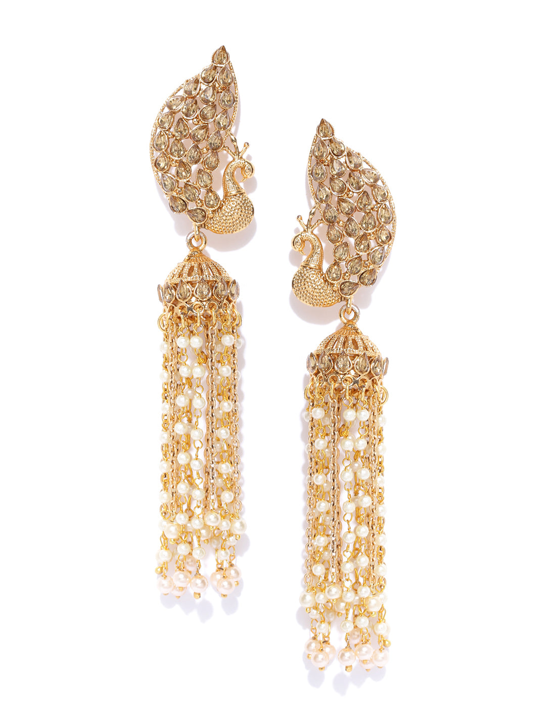 Off-White Gold-Plated Handcrafted Peacock Shaped Jhumkas