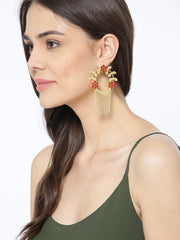 Gold-Toned Gold Plated & Red Circular Drop Earrings