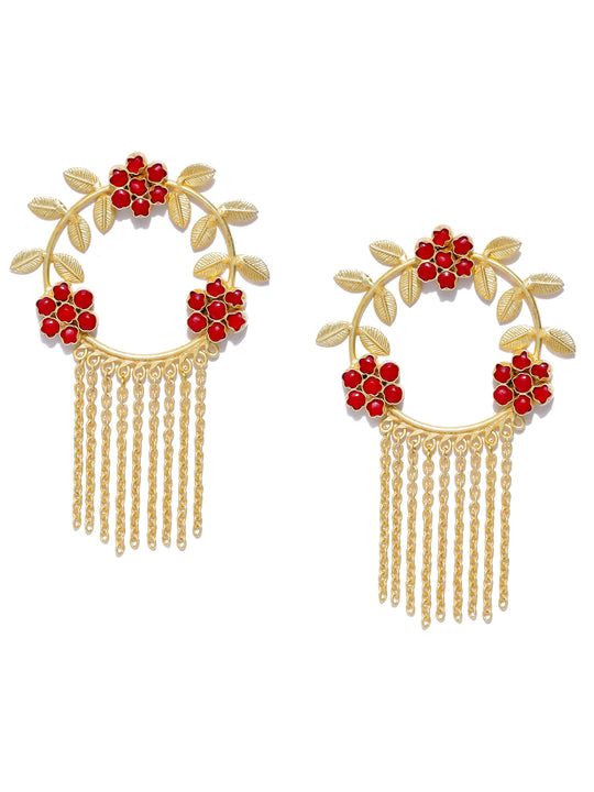 Gold-Toned Gold Plated & Red Circular Drop Earrings