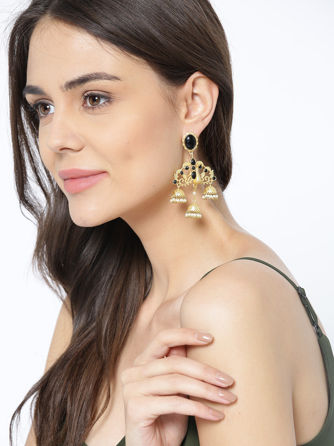 Gold-Toned Gold Plated & Black Peacock Shaped Drop Earrings