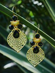 Gold-Toned & Black Gold-Plated Stone-Studded Handcrafted Leaf Shaped Drop Earrings