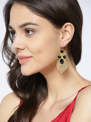 Gold-Toned & Black Gold-Plated Stone-Studded Handcrafted Leaf Shaped Drop Earrings