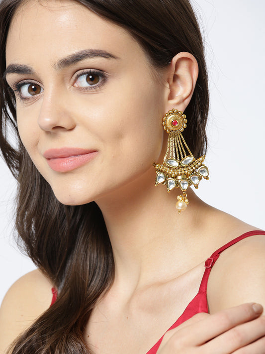 Gold-Toned & Off-White Gold-Plated Kundan-Studded Handcrafted Classic Drop Earrings